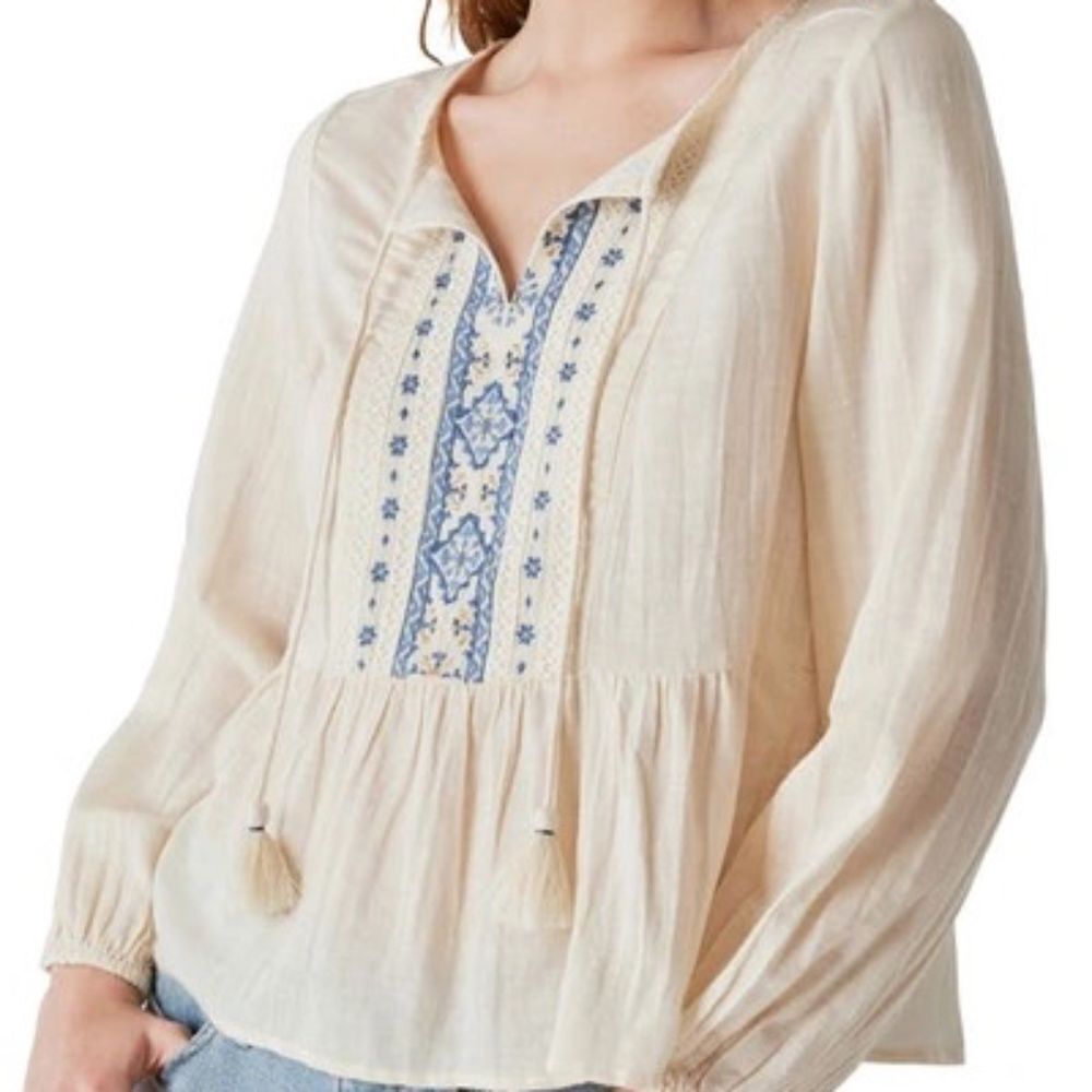 Lucky Brand Hazel Embroidered Cotton Peasant Style Top Sz L
